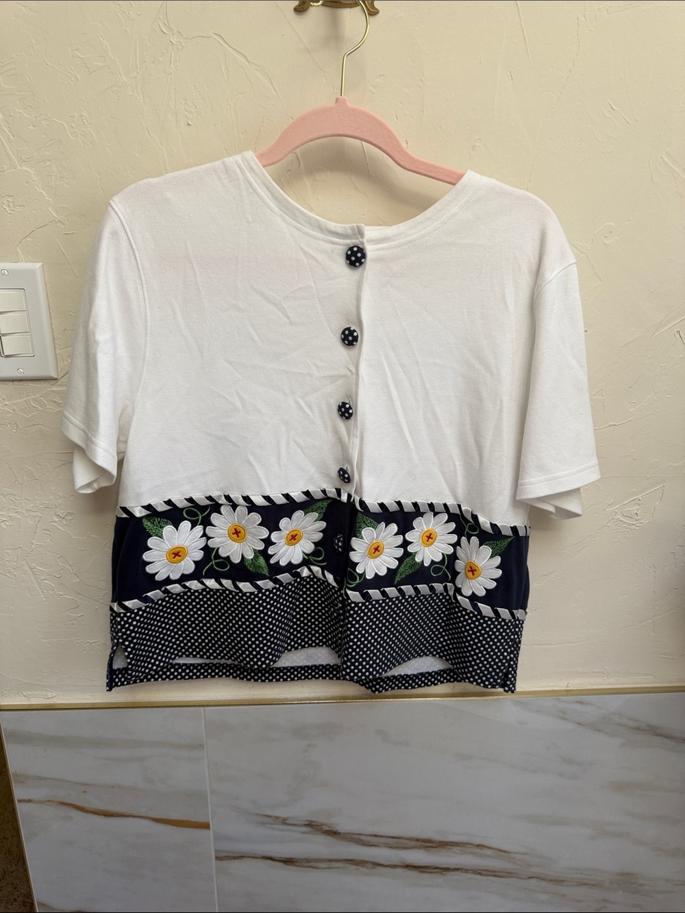 White and Navy Daisy Embroidered Top